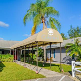 A sunny day outside a building with a canopy entrance and palm trees.