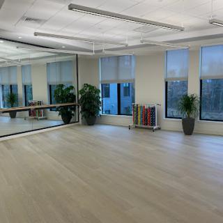 A spacious and well-lit dance studio featuring large windows, a mirrored wall, and elegant wooden flooring.