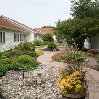 A beautifully landscaped garden with a winding pathway in a residential area.