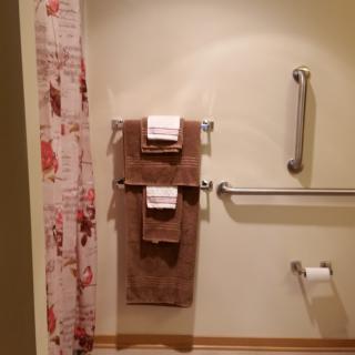 A bathroom with neatly hung towels, floral shower curtain, and safety grab bars.