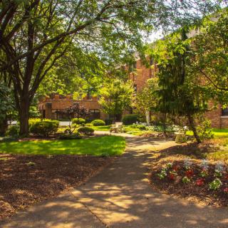 A serene garden scene with a pathway surrounded by lush trees and vibrant flowers under the warm sunlight.