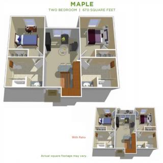A two-bedroom apartment floor plan featuring a spacious living area, kitchen, and bathroom.