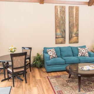A cozy living room with a teal sofa, dining table, and wall art.