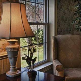 A cozy corner with an armchair, table lamp, and a view through the window.