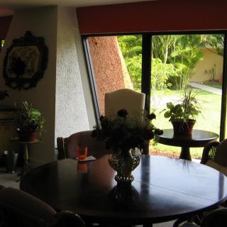 A cozy dining room with a table, chairs, and potted plants by the window overlooking a garden.