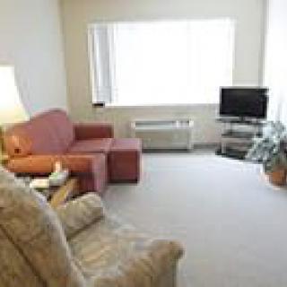 A cozy living room with a sofa, chair, television, and a large window.