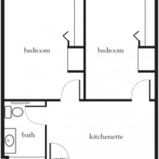 A simple two-bedroom apartment floor plan with a bath and kitchenette.