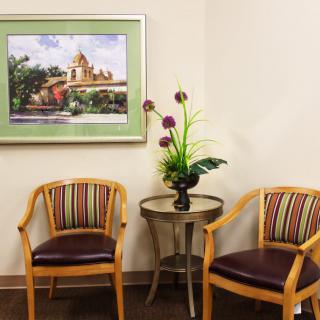 A waiting room with two chairs and a small table with a decorative plant, under a framed painting on the wall.