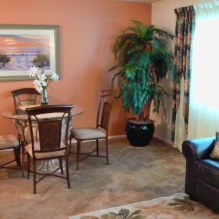 A cozy living room with a small dining area and stylish decor.
