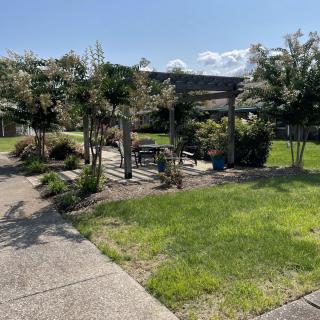 A serene park setting featuring a pergola, surrounded by trees and greenery under a clear blue sky.