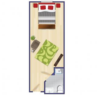 A floor plan of a small bedroom with a bed, rug, desk, and an attached bathroom.