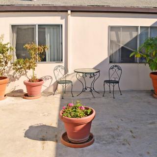 A sunny patio with potted plants and wrought iron furniture.