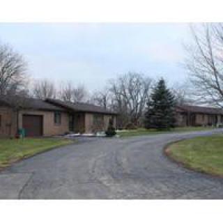 A suburban house with a winding driveway and bare trees in winter.
