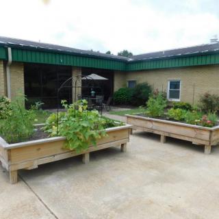An outdoor garden area with raised planters and a building in the background.