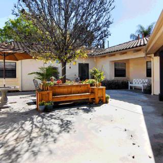 A sunny courtyard with a central tree, surrounded by benches and outdoor seating.