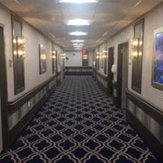A well-lit, symmetrical hotel hallway with a patterned carpet and multiple doorways.