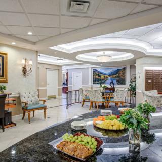 A well-decorated lobby with comfortable seating and refreshments.