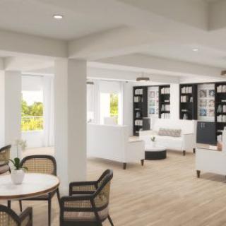 A modern living room with stylish furniture, bookshelves, and ample natural light.