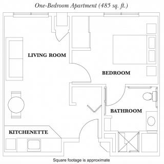 Floor plan of a one-bedroom apartment (589 sq. ft.), indicating living room, bedroom, kitchenette, and bathroom.