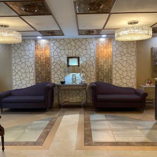 Elegant lounge area with symmetrical sofas and decorative chandeliers.