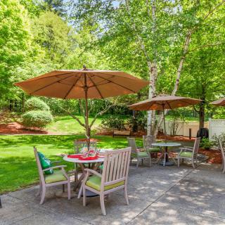 A sunny garden patio with tables, chairs, and umbrellas surrounded by lush greenery.