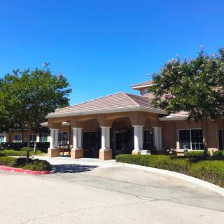 A sunny day view of a building entrance with columns and surrounding trees.