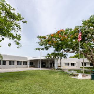 A view of a school building surrounded by greenery and a flagpole.