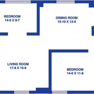 A simple floor plan showing the layout of bedrooms, a living room, and a dining room.