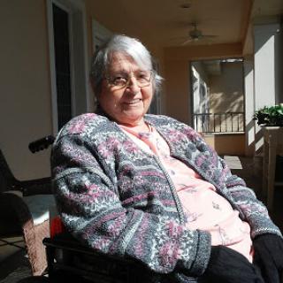 A smiling elderly woman sitting in a wheelchair, enjoying the sunlight indoors.