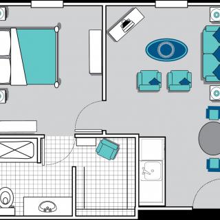 A detailed floor plan of an apartment showing the layout of a bedroom, living room, and bathroom.