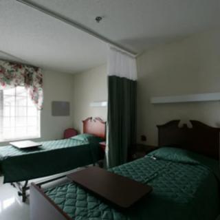 A hospital room with two beds, each covered in green bedding and separated by a curtain, with light streaming in from a window.