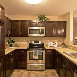 A modern kitchen featuring dark wooden cabinets and stainless steel appliances.