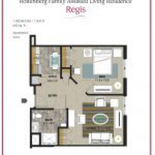 Architectural floor plan of a one-bedroom apartment with a living area and kitchen.