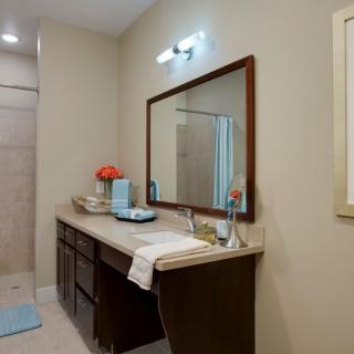 A well-organized bathroom with a large mirror and countertop featuring decorative items.