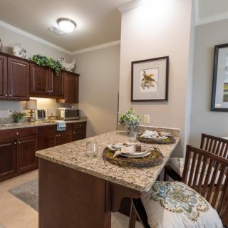 A cozy kitchen area with wooden cabinets and a granite countertop island featuring decorative plants and seating.