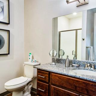 A modern bathroom with a granite countertop, wooden cabinets, and contemporary artwork.