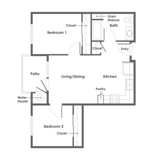 A floor plan of a two-bedroom apartment featuring a living/dining area, kitchen, and bathroom.