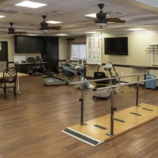 A rehabilitation room equipped with parallel bars and other exercise equipment, featuring a wooden floor and comfortable indoor setting.