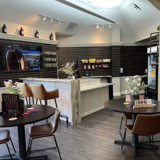 A cozy and modern cafe interior featuring stylish seating and a welcoming atmosphere.