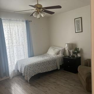 A cozy bedroom with a single bed, nightstand, lamp, and curtains by the window.