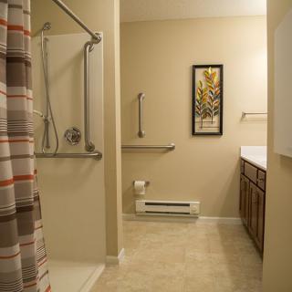 A neatly arranged bathroom featuring a shower with a curtain, a sink with a mirror, and subtle artwork.