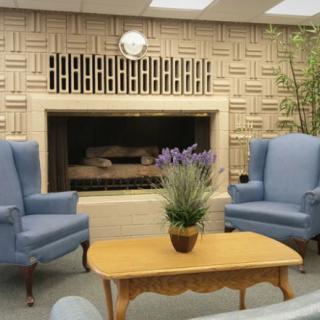 A cozy living room setup with two blue armchairs, a wooden coffee table, and a central fireplace.