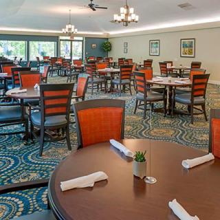 An elegant dining area with neatly arranged tables and chairs, adorned with a stylish carpet and large windows providing natural light.