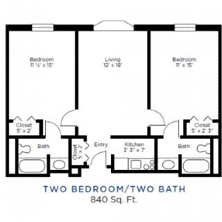 Floor plan of a two-bedroom, two-bath apartment with an 840 sq ft layout.