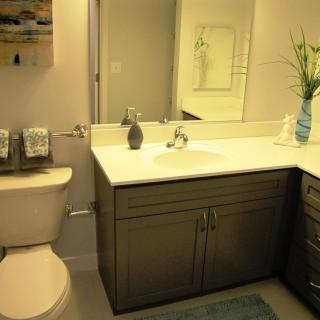 A modern bathroom with a sink, toilet, and decorative elements.
