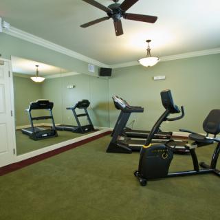 A small indoor gym with a treadmill and stationary bike in front of a wall mirror.