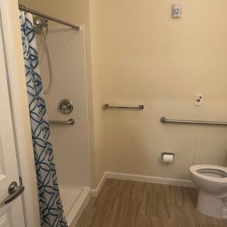 An accessible bathroom with a shower and grab bars.