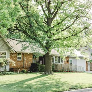 A charming suburban house with a large tree casting shadows on the well-maintained front lawn.
