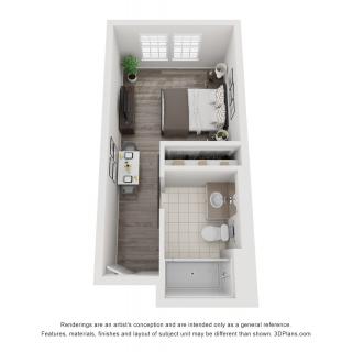 A 3D floor plan of a one-bedroom apartment, featuring a kitchen, living area, bathroom, and bedroom.