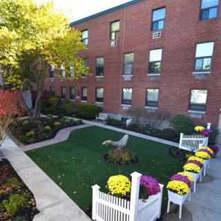 A well-maintained courtyard garden with vibrant flowers and a brick building backdrop.
